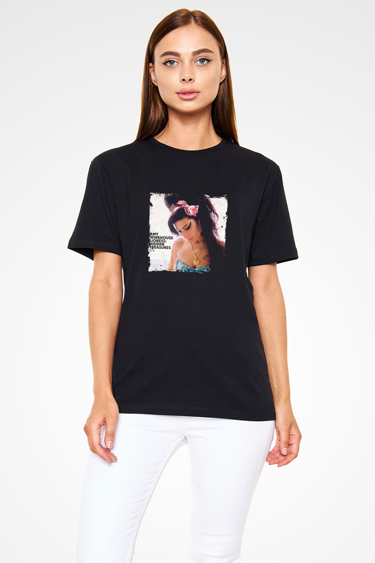 Amy Winehouse Baskılı Unisex Siyah Tişört