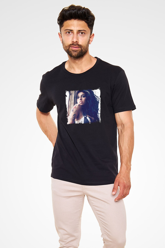 Amy Winehouse Baskılı Unisex Siyah Tişört