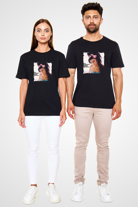 Amy Winehouse Baskılı Unisex Siyah Tişört