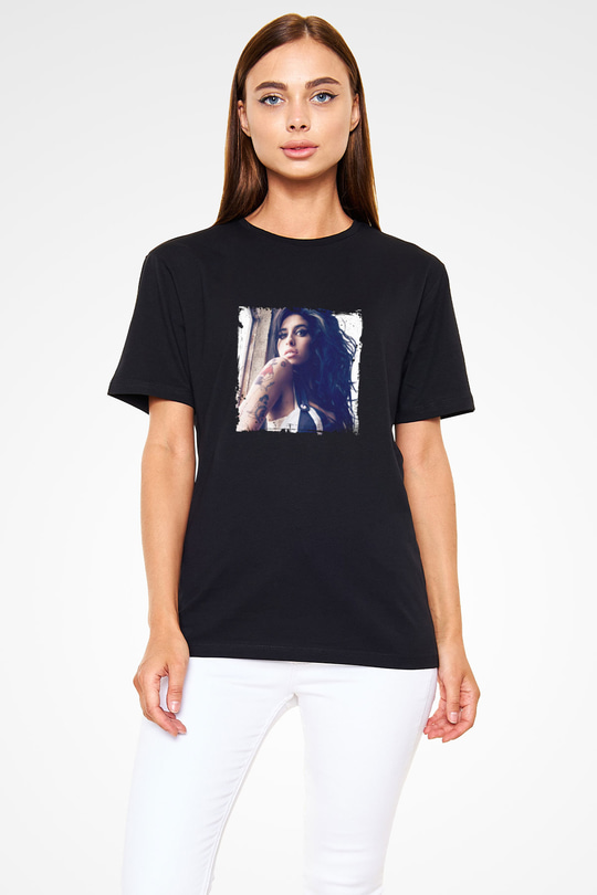 Amy Winehouse Baskılı Unisex Siyah Tişört