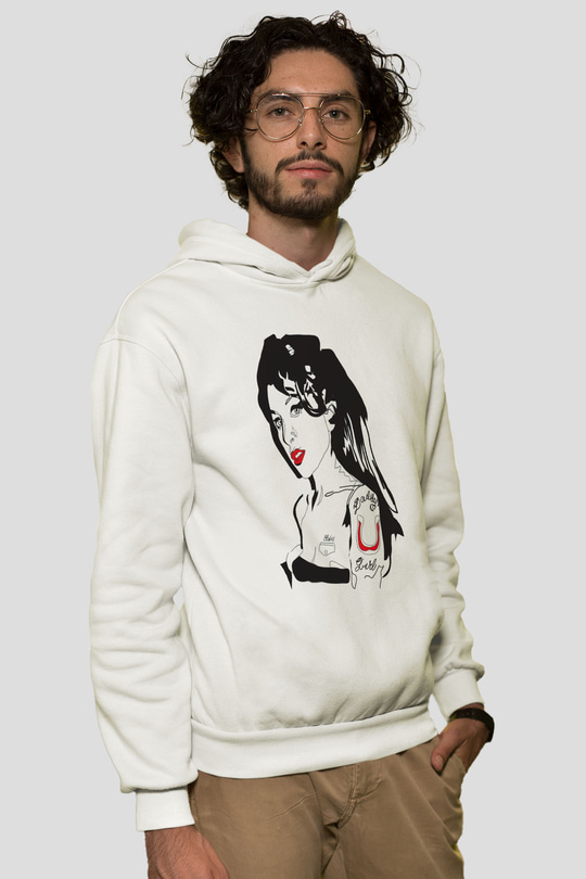 Amy Winehouse Beyaz Unisex Kapüşonlu Sweatshirt