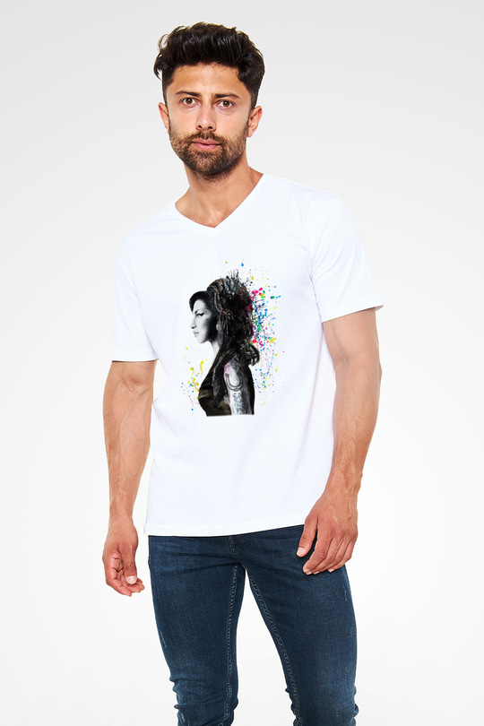 Amy Winehouse Beyaz Unisex V Yaka Tişört T-Shirt