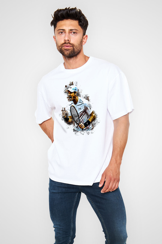 Andy Murray Baskılı Beyaz Unisex Oversize Tişört - Tshirt