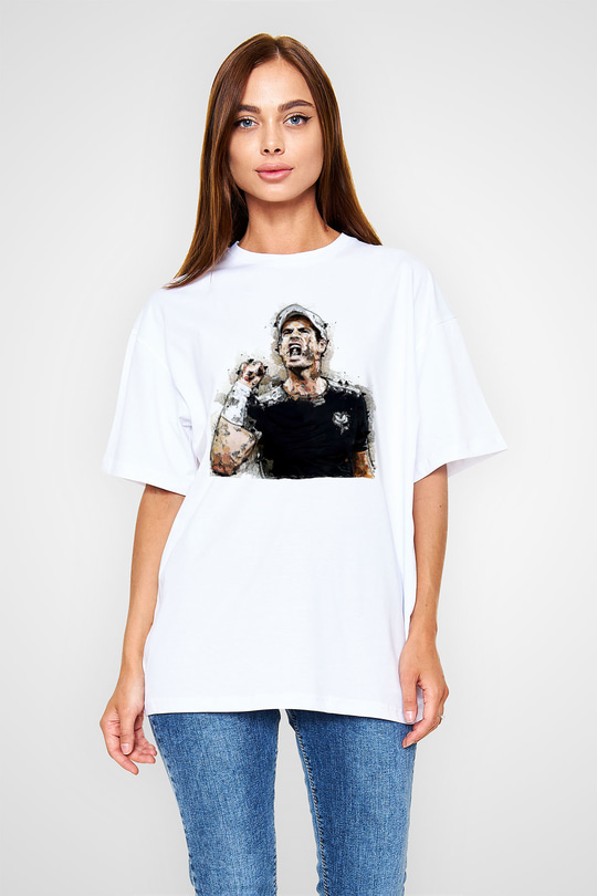 Andy Murray Baskılı Beyaz Unisex Oversize Tişört - Tshirt