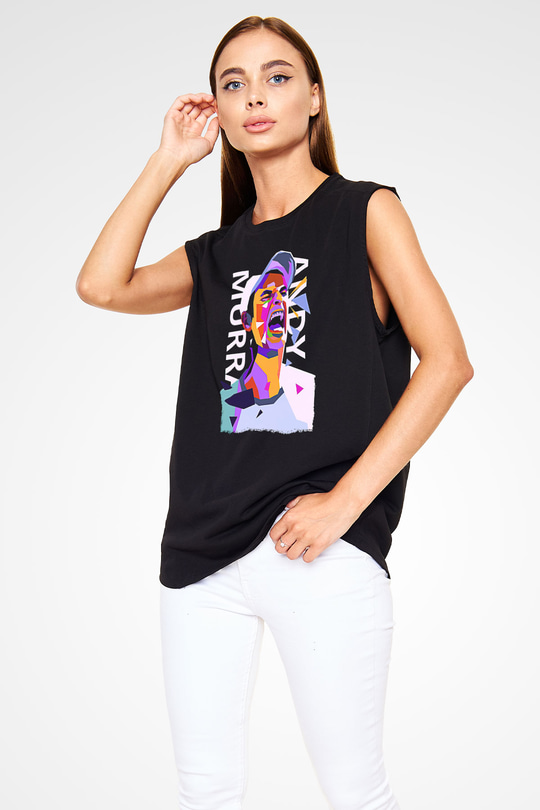 Andy Murray Baskılı Unisex Siyah Kolsuz Tişört - Tshirt