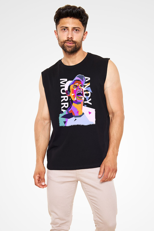 Andy Murray Baskılı Unisex Siyah Kolsuz Tişört - Tshirt