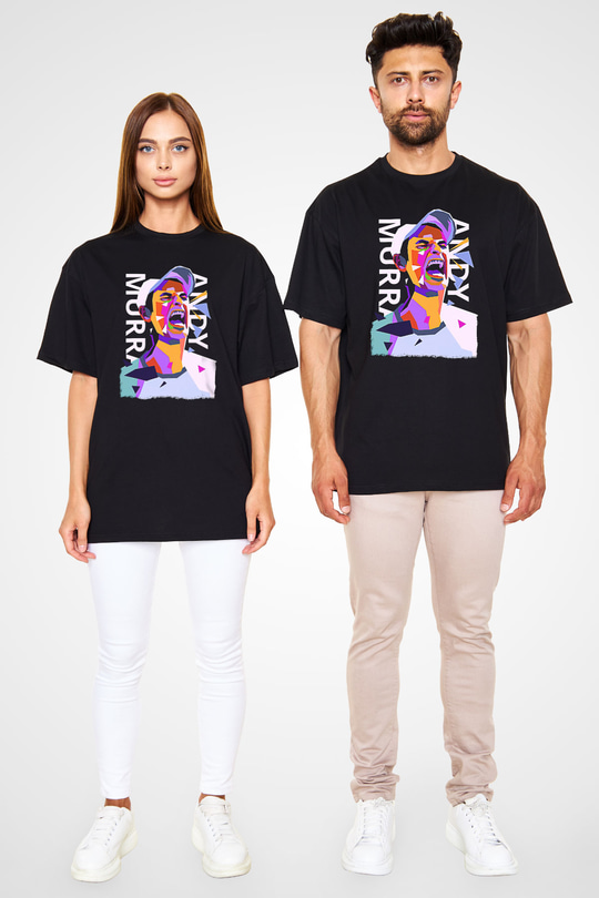 Andy Murray Baskılı Unisex Siyah Oversize Tişört - Tshirt