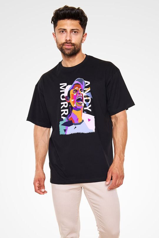 Andy Murray Baskılı Unisex Siyah Oversize Tişört - Tshirt