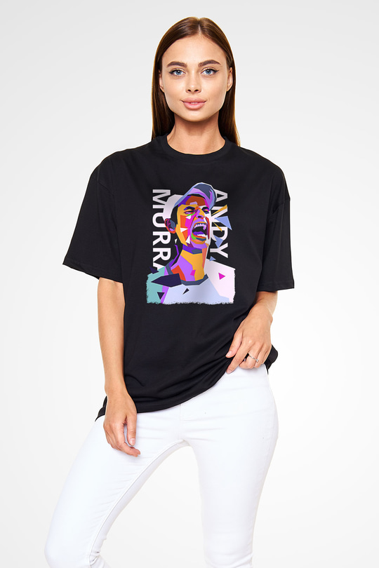 Andy Murray Baskılı Unisex Siyah Oversize Tişört - Tshirt