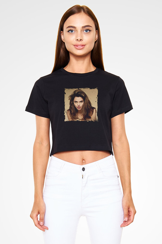 Angelina Jolie Baskılı Siyah Kadın Crop Top Tişört