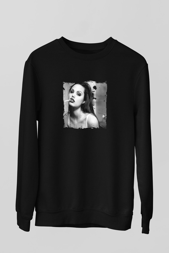 Angelina Jolie Baskılı Unisex Siyah Sweatshirt