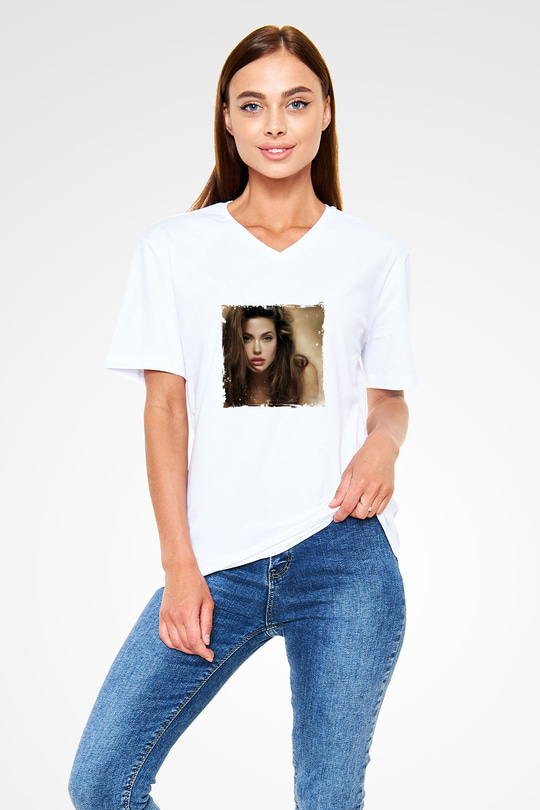 Angelina Jolie Baskılı V Yaka Unisex Beyaz Tişört