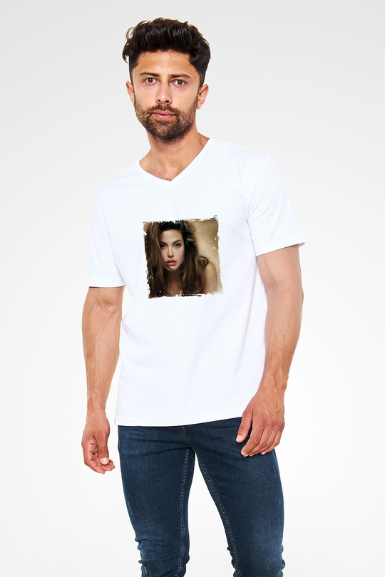 Angelina Jolie Baskılı V Yaka Unisex Beyaz Tişört