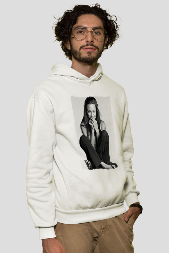 Angelina Jolie Beyaz Unisex Kapüşonlu Sweatshirt