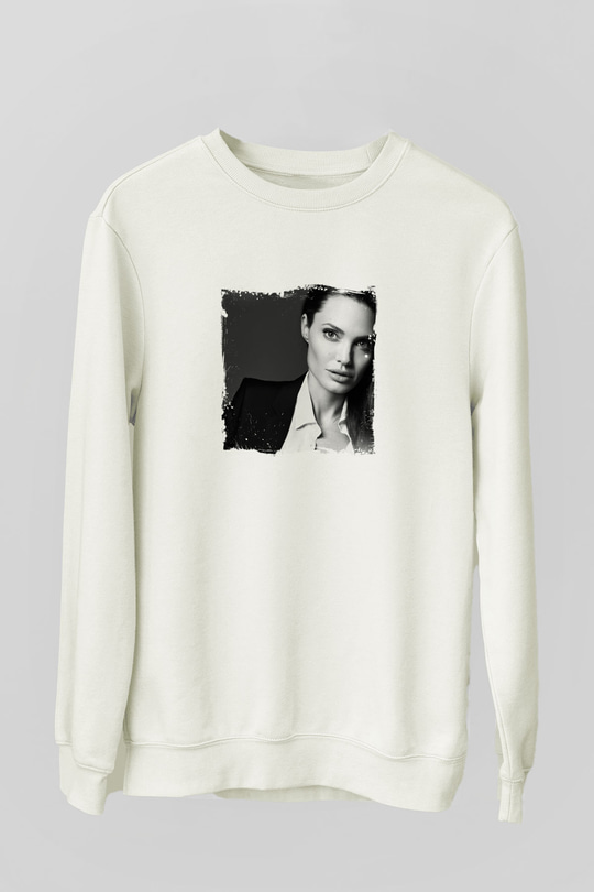 Angelina Jolie Unisex Baskılı Beyaz Sweatshirt