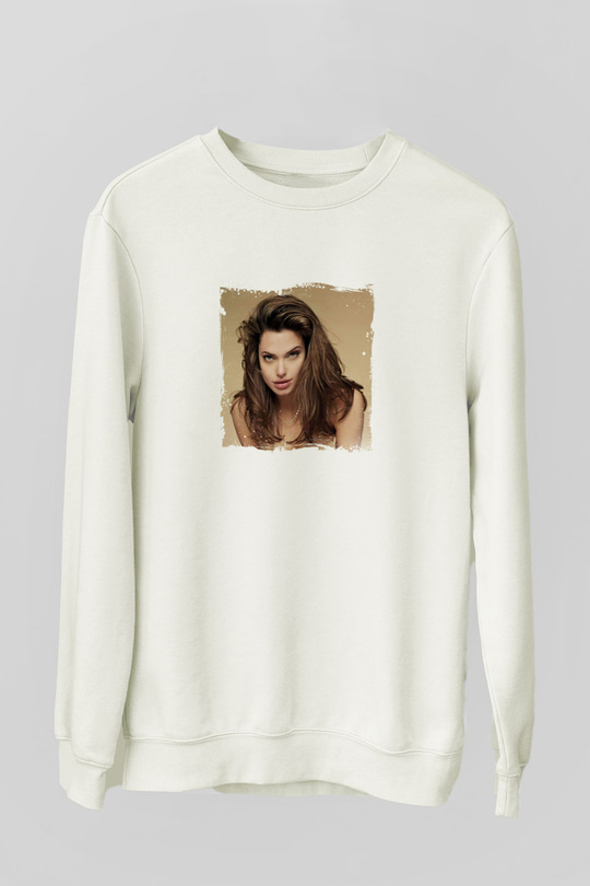 Angelina Jolie Unisex Baskılı Beyaz Sweatshirt