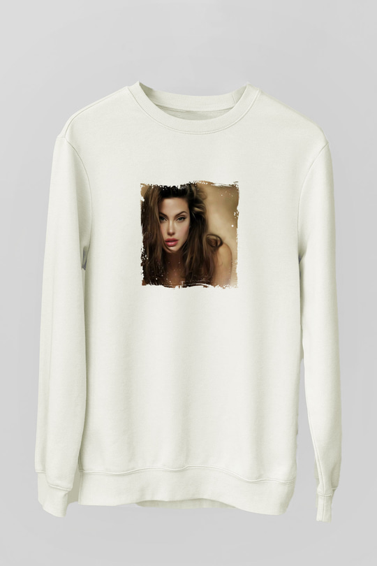 Angelina Jolie Unisex Baskılı Beyaz Sweatshirt