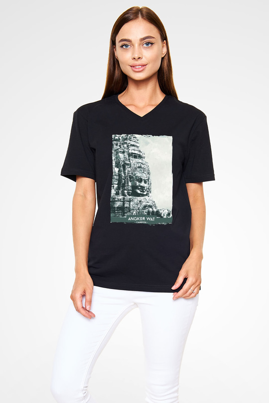 Angkor Vat Siyah Unisex V Yaka Tişört