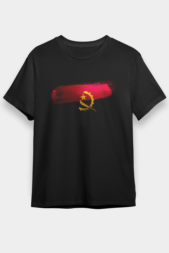 Angola Bayrağı Baskılı Unisex Siyah Tişört