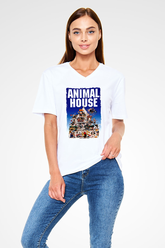 Animal House Beyaz Unisex  V Yaka Tişört