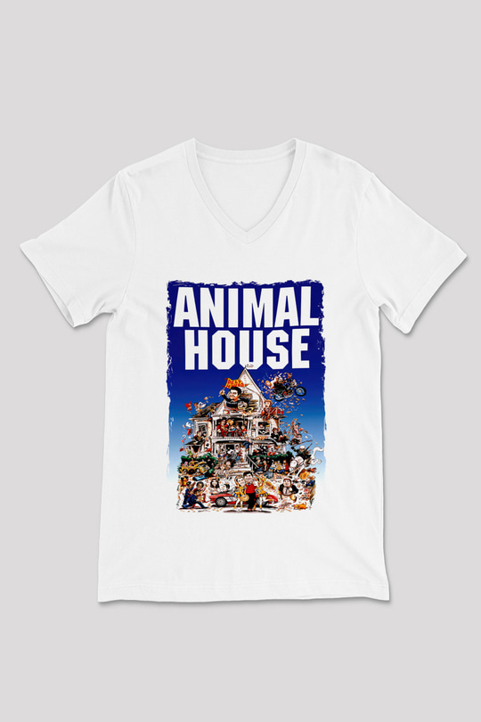 Animal House Beyaz Unisex  V Yaka Tişört
