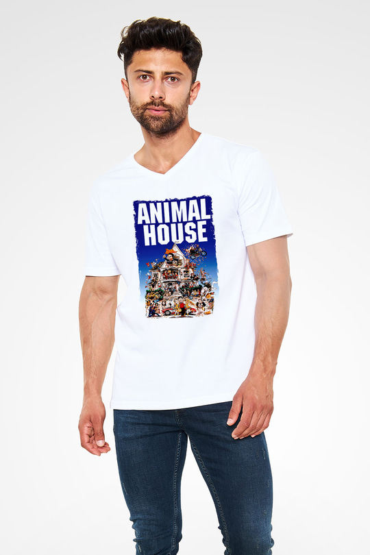 Animal House Beyaz Unisex  V Yaka Tişört