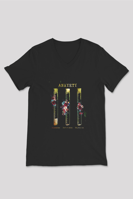 Anksiyete Formülü Hormonlar Baskılı Unisex V Yaka Siyah Tİşört - Tshirt