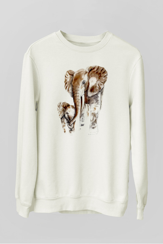 Anne Fil ve Yavrusu Baskılı Unisex Beyaz  Sweatshirt