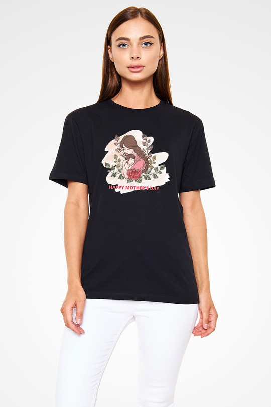 Anneler Günü Baskılı Unisex Siyah Tişört - Tshirt