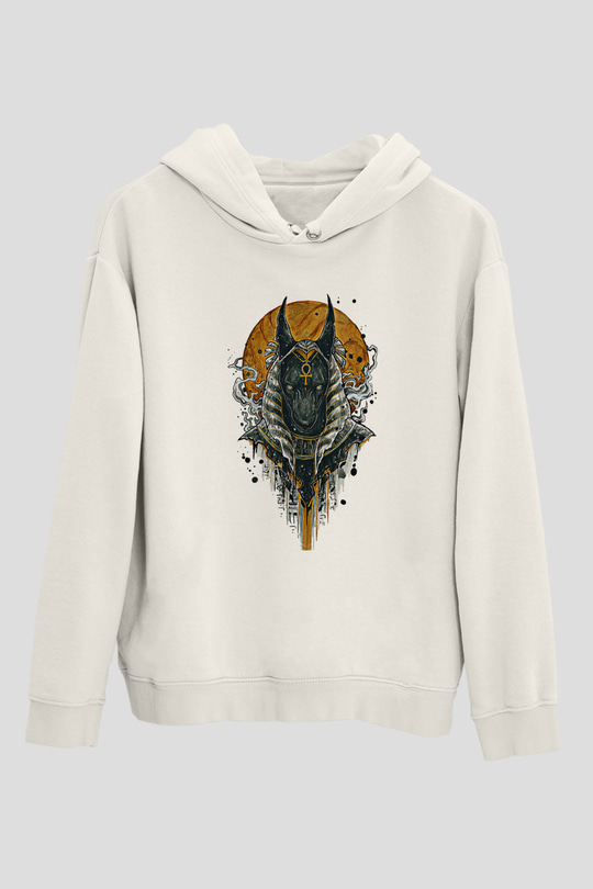 Anubis Baskılı Beyaz Unisex Hoodie