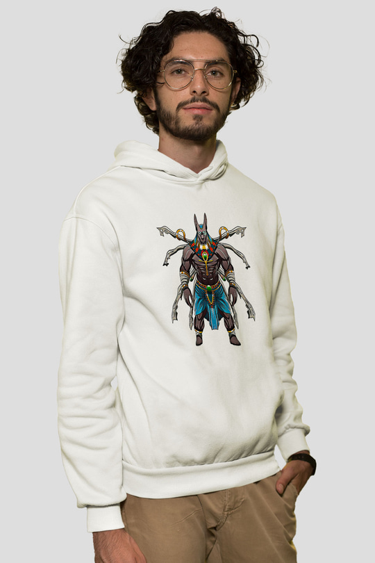 Anubis Baskılı Beyaz Unisex Hoodie