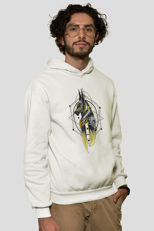 Anubis Baskılı Beyaz Unisex Hoodie