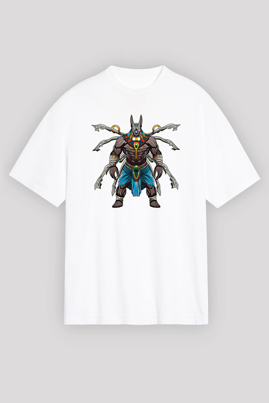 Anubis Baskılı Beyaz Unisex Oversize Tişört - Tshirt