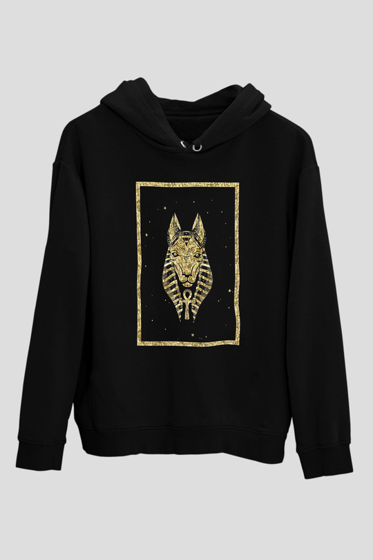 Anubis Baskılı Unisex Siyah Hoodie