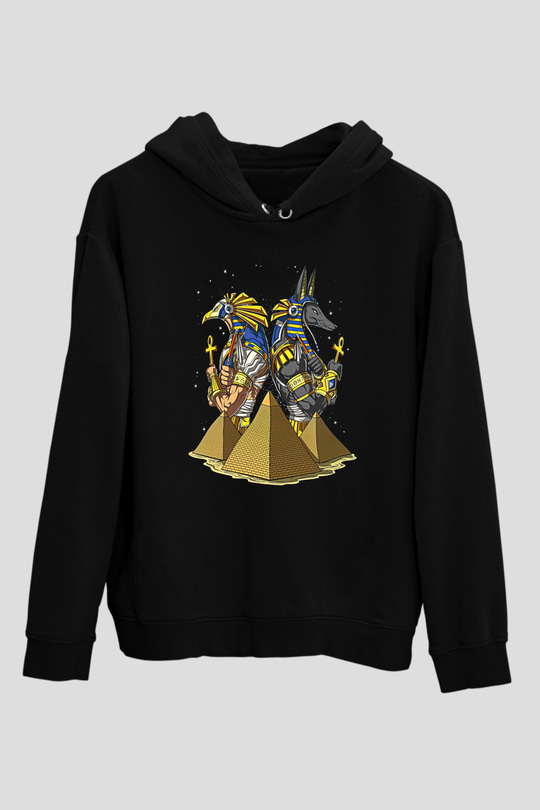 Anubis Baskılı Unisex Siyah Hoodie