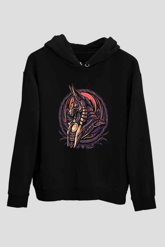 Anubis Baskılı Unisex Siyah Hoodie