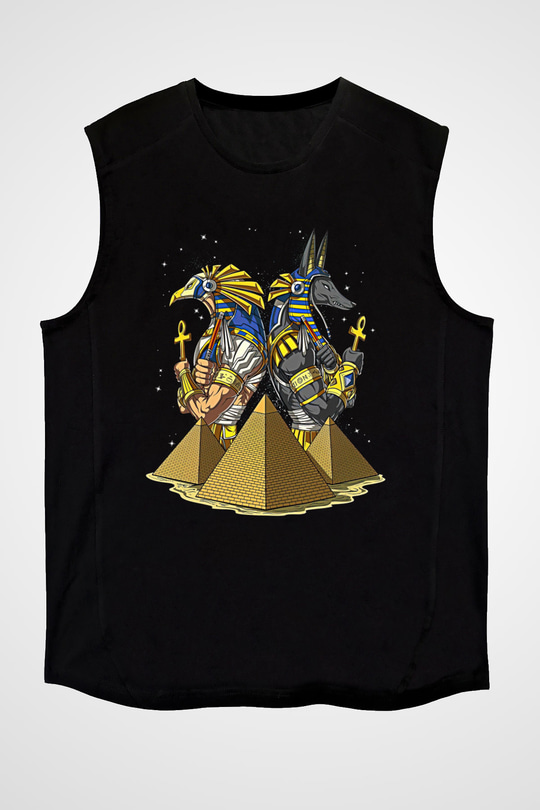 Anubis Baskılı Unisex Siyah Kolsuz Tişört - Tshirt