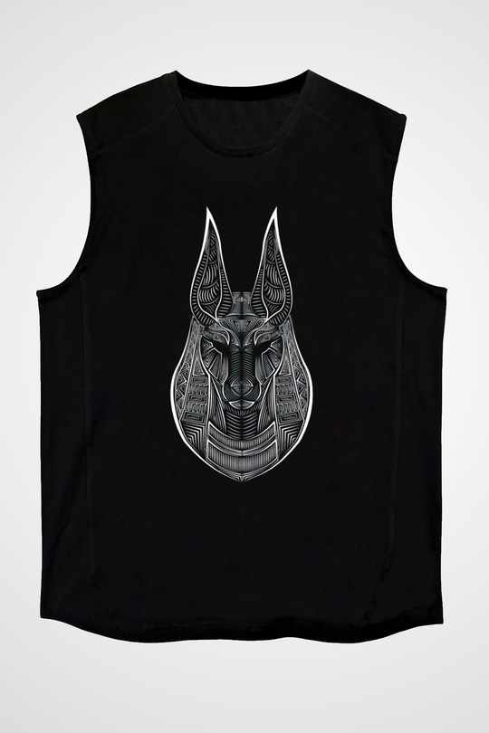 Anubis Baskılı Unisex Siyah Kolsuz Tişört - Tshirt