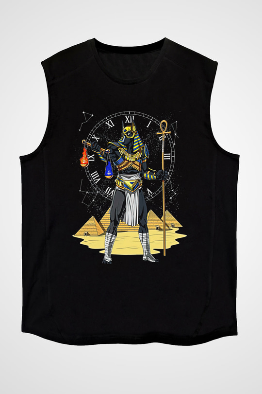 Anubis Baskılı Unisex Siyah Kolsuz Tişört - Tshirt