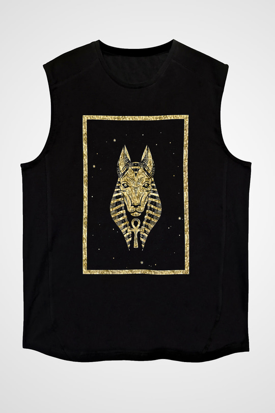 Anubis Baskılı Unisex Siyah Kolsuz Tişört - Tshirt