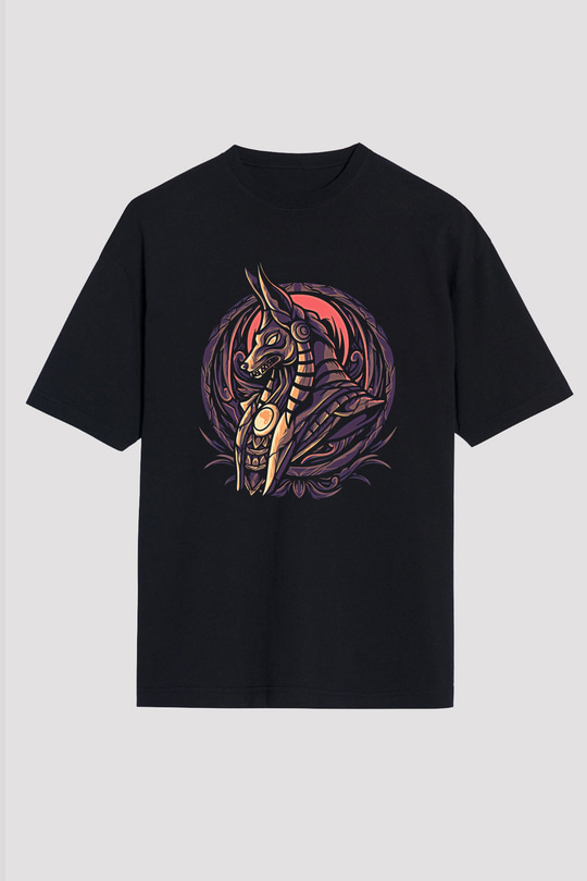 Anubis Baskılı Unisex Siyah Oversize Tişört - Tshirt
