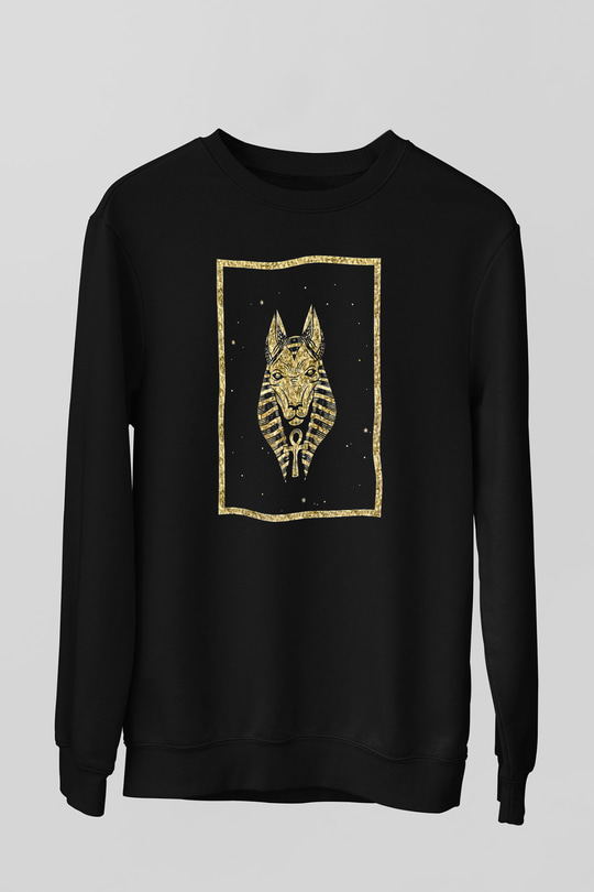 Anubis Baskılı Unisex Siyah Sweatshirt