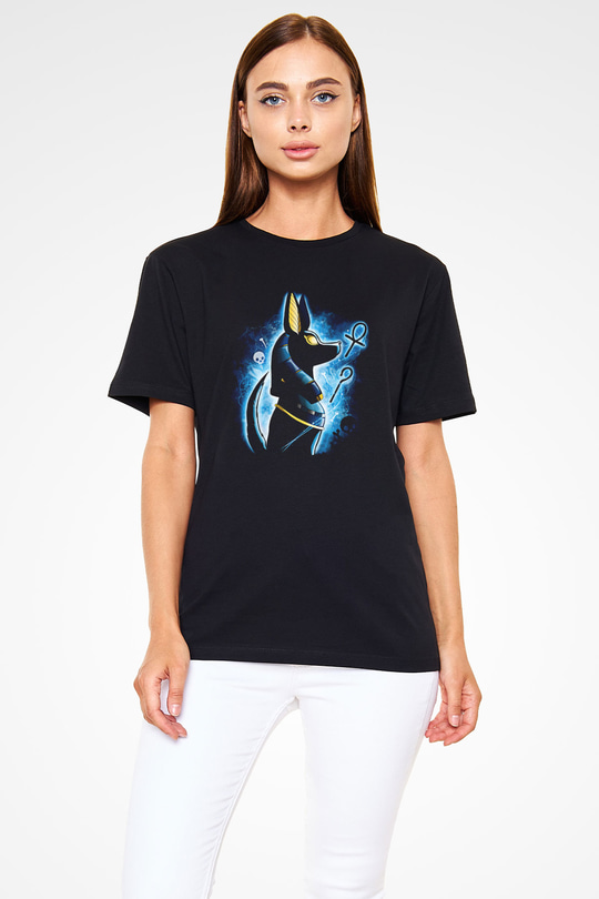 Anubis Baskılı Unisex Siyah Tişört - Tshirt