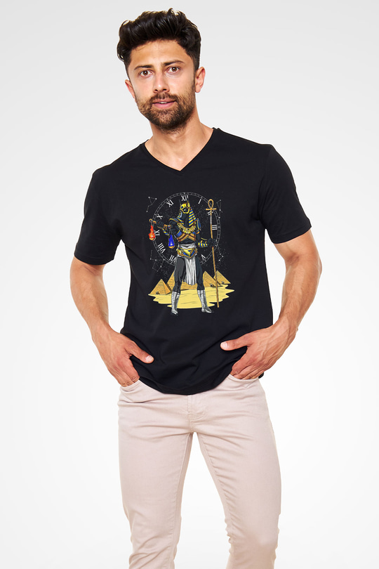 Anubis Baskılı Unisex Siyah V Yaka Tişört - Tshirt