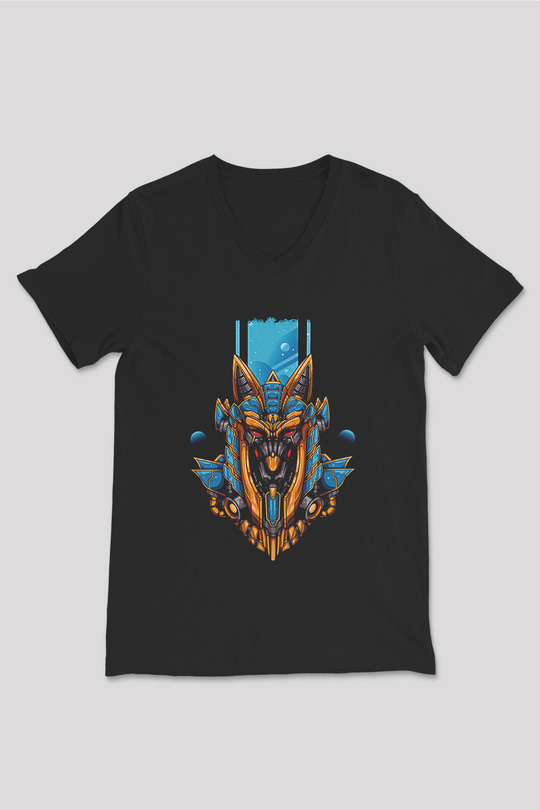 Anubis Baskılı Unisex Siyah V Yaka Tişört - Tshirt