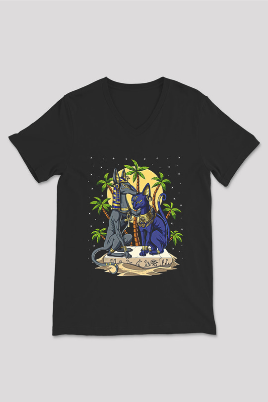 Anubis Baskılı Unisex Siyah V Yaka Tişört - Tshirt