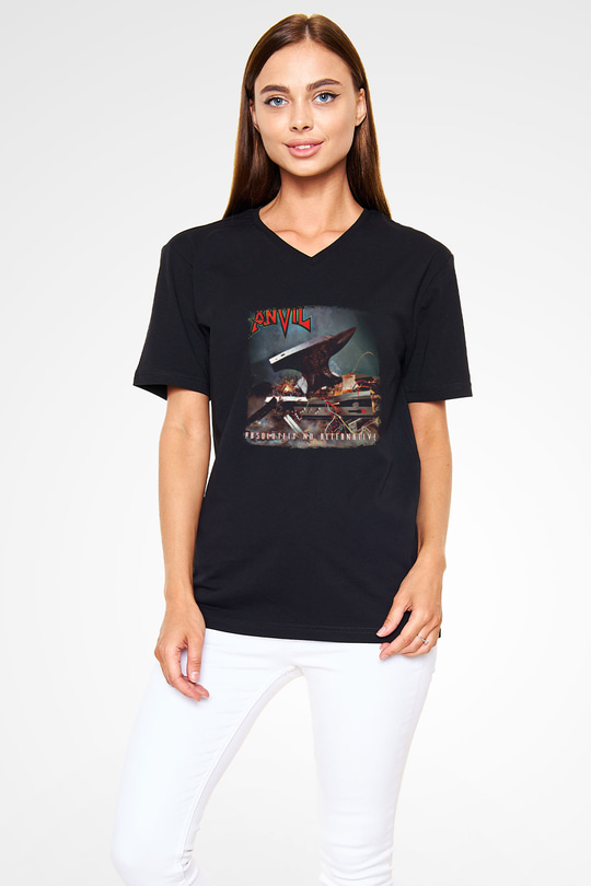 Anvil Baskılı Unisex Siyah V Yaka Tişört