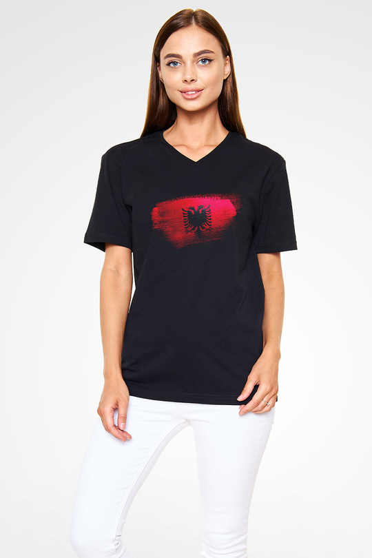 Arnavutluk - Albania Bayrağı Baskılı Unisex Siyah V Yaka Tişört