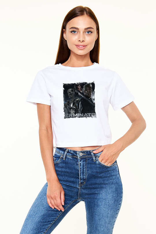 Arnold Schwarzenegger Baskılı Beyaz Kadın Crop Top Tişört
