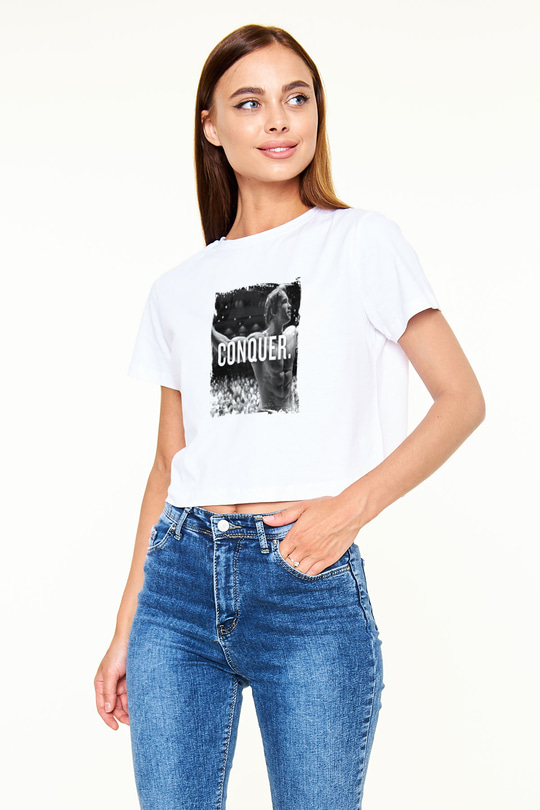 Arnold Schwarzenegger Baskılı Beyaz Kadın Crop Top Tişört